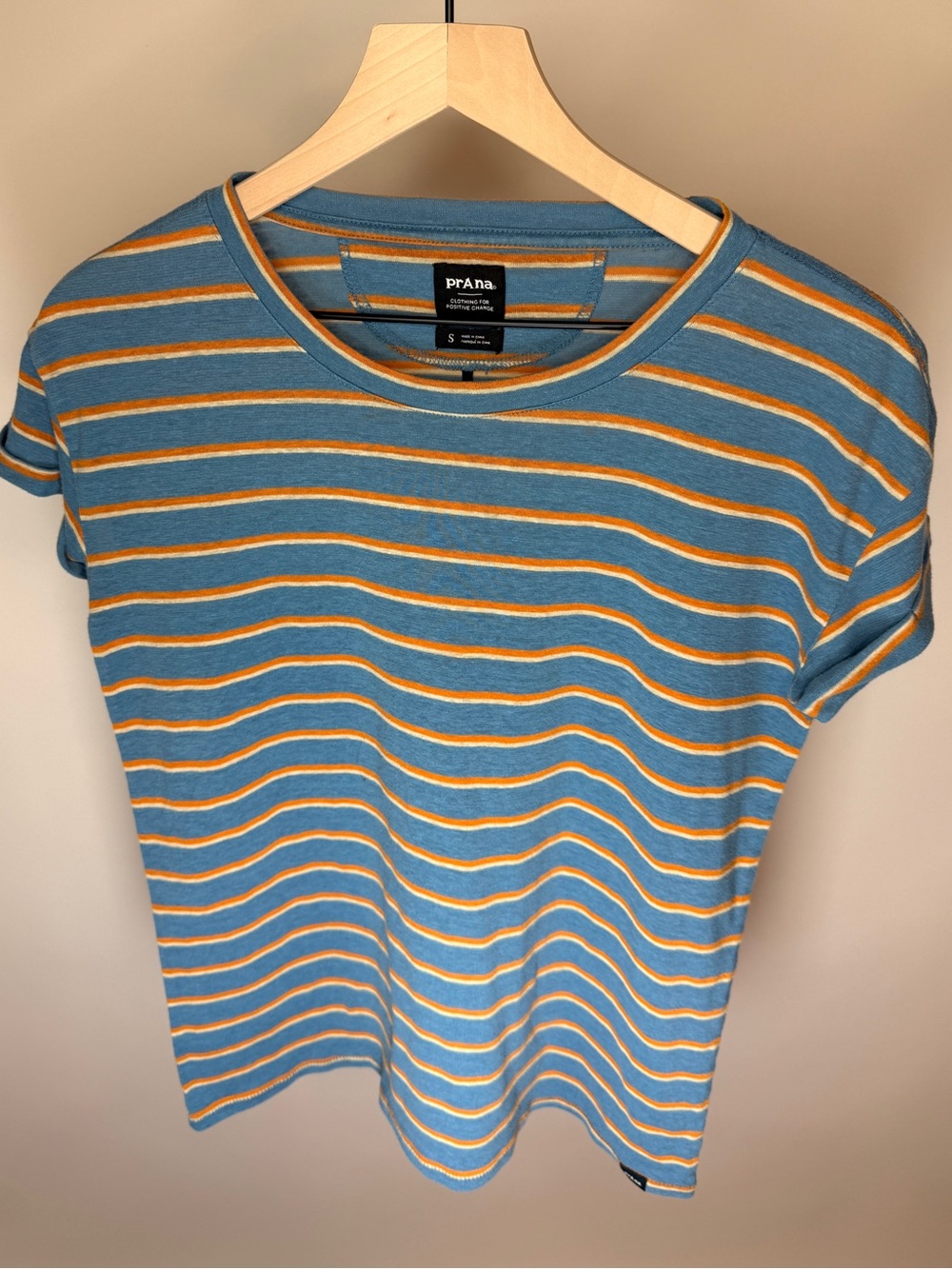 Prana Blue and Yellow Striped Short Sleeve Tee